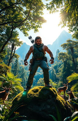 A dynamic action scene featuring a powerful hunter in a lush forest, clad in rugged survival gear with a bow slung over his shoulder and a determined expression