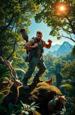 A dynamic action scene featuring a powerful hunter in a lush forest, clad in rugged survival gear with a bow slung over his shoulder and a determined expression