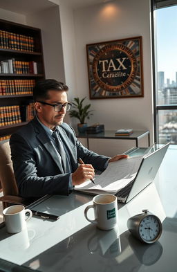 An intelligent businessman sitting at a sleek, modern desk with a laptop open, engrossed in reading tax documents