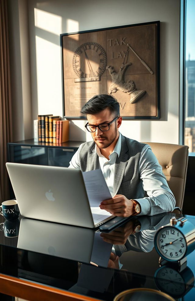 An intelligent businessman sitting at a sleek, modern desk with a laptop open, engrossed in reading tax documents