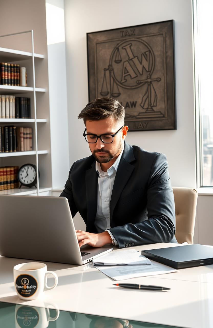 An intelligent businessman sitting at a sleek, modern desk with a laptop open, engrossed in reading tax documents