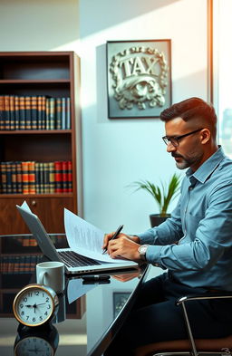 An intelligent businessman sitting at a sleek, modern desk with a laptop open, engrossed in reading tax documents