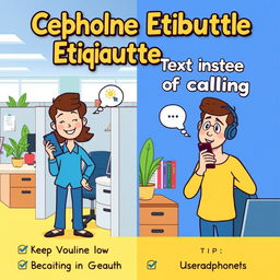 A colorful and engaging poster about cellphone and cubicle etiquette, featuring illustrated characters in an office setting