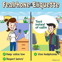 A colorful and engaging poster about cellphone and cubicle etiquette, featuring illustrated characters in an office setting