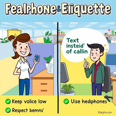 A colorful and engaging poster about cellphone and cubicle etiquette, featuring illustrated characters in an office setting