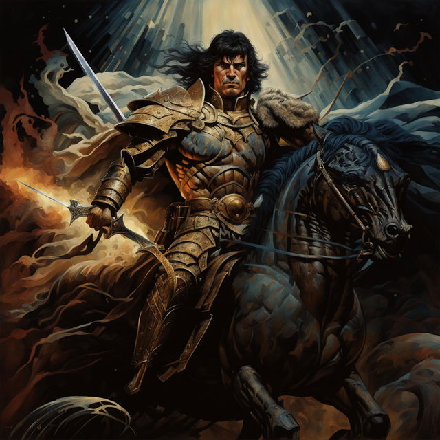 This high-quality digital art image depicts a male warrior from a 70s style dark fantasy setting, now riding a majestic horse in a dynamic, artistic pose