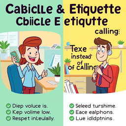 A colorful and engaging poster about cellphone and cubicle etiquette, featuring illustrated characters in an office setting
