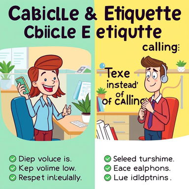A colorful and engaging poster about cellphone and cubicle etiquette, featuring illustrated characters in an office setting