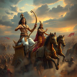 A vast battlefield of Kurukshetra with two massive armies poised for battle, Arjun stands on a grand chariot, his bow held loosely in his hands, his face expressing deep conflict and hesitation