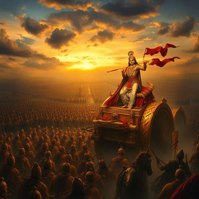 A vast battlefield of Kurukshetra with two massive armies poised for battle, Arjun stands on a grand chariot, his bow held loosely in his hands, his face expressing deep conflict and hesitation