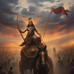A vast battlefield of Kurukshetra with two massive armies poised for battle, Arjun stands on a grand chariot, his bow held loosely in his hands, his face expressing deep conflict and hesitation