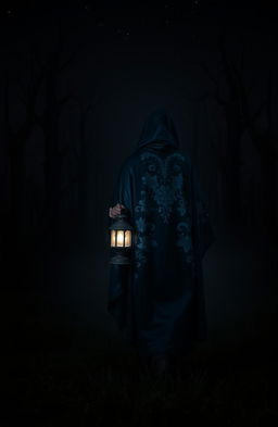 A dark and misty forest scene at night with no grass and ominous, dead trees silhouetted against a deep black sky devoid of stars