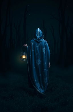 A dark and misty forest scene at night with no grass and ominous, dead trees silhouetted against a deep black sky devoid of stars
