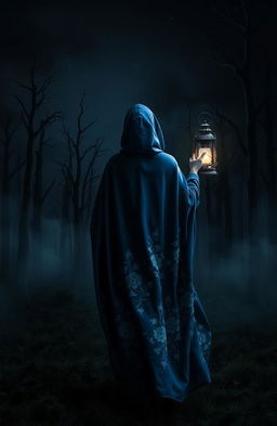 A dark and misty forest scene at night with no grass and ominous, dead trees silhouetted against a deep black sky devoid of stars