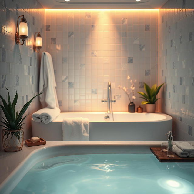 A serene and artistic depiction of a bathroom atmosphere with soft lighting