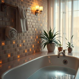 A serene and artistic depiction of a bathroom atmosphere with soft lighting