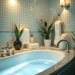 A serene and artistic depiction of a bathroom atmosphere with soft lighting