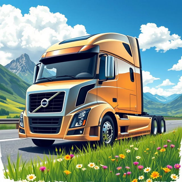 A detailed illustration of a Volvo Aero truck, showcasing its sleek design and aerodynamic features