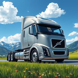 A detailed illustration of a Volvo Aero truck, showcasing its sleek design and aerodynamic features