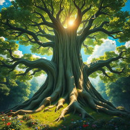 A fantastical representation of a colossal tree emerging from the earth, with sprawling roots and lush green foliage, set in a vibrant forest scene