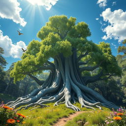 A fantastical representation of a colossal tree emerging from the earth, with sprawling roots and lush green foliage, set in a vibrant forest scene