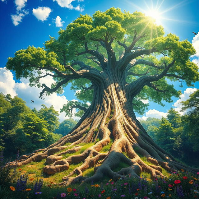 A fantastical representation of a colossal tree emerging from the earth, with sprawling roots and lush green foliage, set in a vibrant forest scene