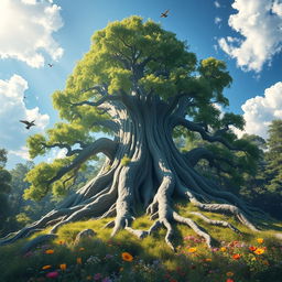 A fantastical representation of a colossal tree emerging from the earth, with sprawling roots and lush green foliage, set in a vibrant forest scene