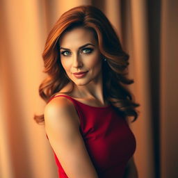 A confident and alluring woman in her 40s with long, wavy auburn hair and striking green eyes, wearing a form-fitting red dress that accentuates her curves, posing elegantly against a soft, luxurious background