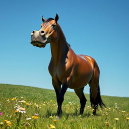 A fantastical creature featuring a horse's body with a hippopotamus' head, standing majestically in a lush green meadow