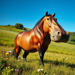 A fantastical creature featuring a horse's body with a hippopotamus' head, standing majestically in a lush green meadow