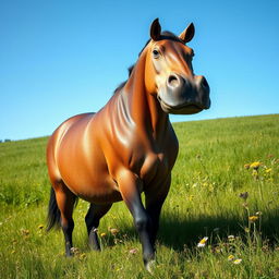 A fantastical creature featuring a horse's body with a hippopotamus' head, standing majestically in a lush green meadow