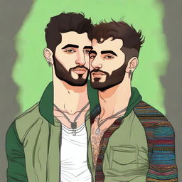 This is a high-quality digital art image of a gay couple in a loving embrace