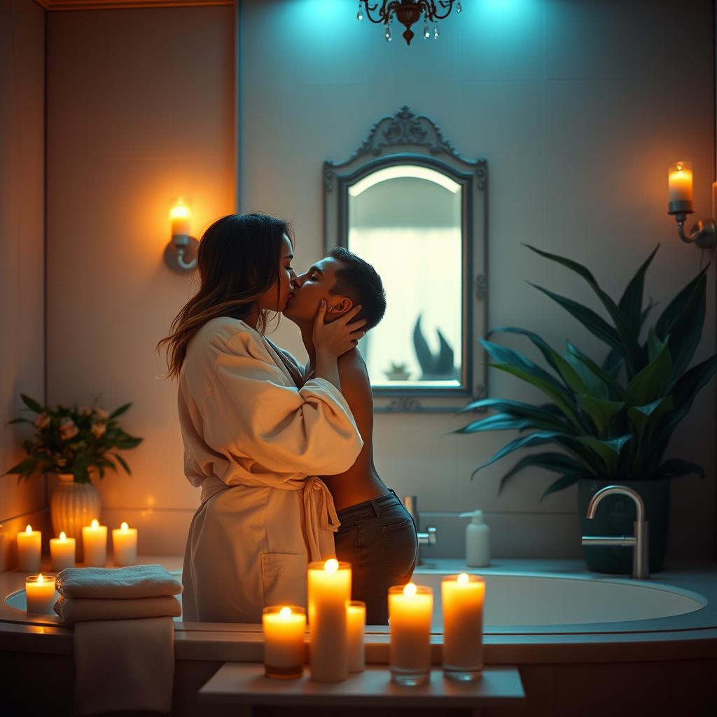 A romantic and intimate scene set in a softly lit, elegant bathroom