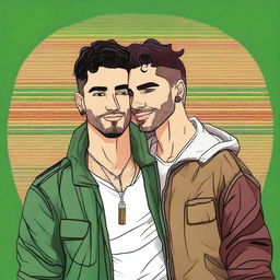 This is a high-quality digital art image of a gay couple in a loving embrace