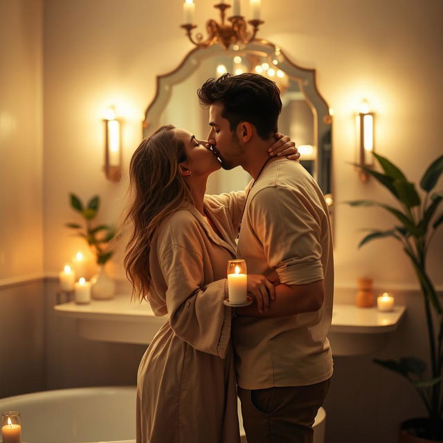 A romantic and intimate scene set in a softly lit, elegant bathroom