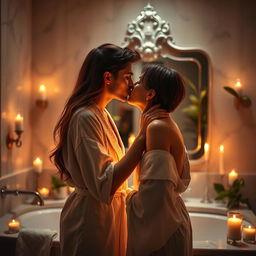 A romantic and intimate scene set in a softly lit, elegant bathroom