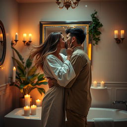 A romantic and intimate scene set in a softly lit, elegant bathroom