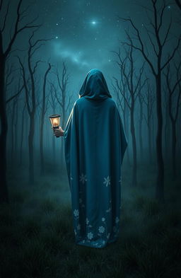 A dark and misty forest devoid of grass, featuring dead trees under a starlit sky