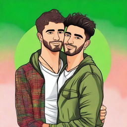 This is a high-quality digital art image of a gay couple in a loving embrace