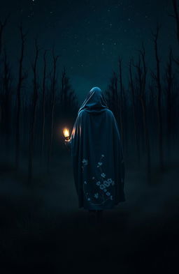 A dark and misty forest devoid of grass, featuring dead trees under a starlit sky