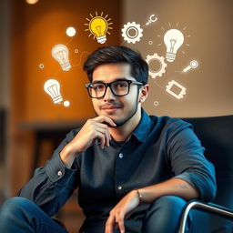 A thoughtful individual sitting on a modern chair, wearing stylish glasses, deep in contemplation