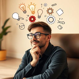 A thoughtful individual sitting on a modern chair, wearing stylish glasses, deep in contemplation