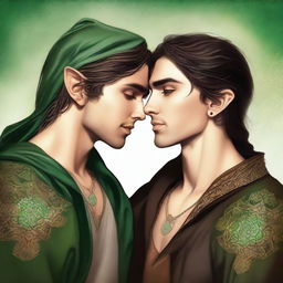 This is a high-quality digital art image of two elven princes in a loving embrace