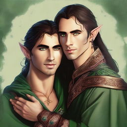 This is a high-quality digital art image of two elven princes in a loving embrace