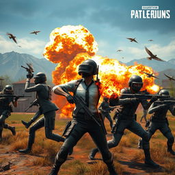 A thrilling, action-packed scene from the popular game PUBG, featuring diverse characters in tactical outfits, fully equipped with weapons, engaging in an intense firefight on a vibrant battleground