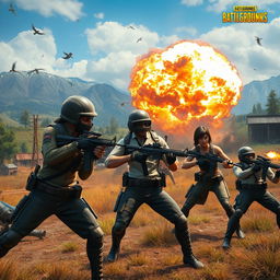 A thrilling, action-packed scene from the popular game PUBG, featuring diverse characters in tactical outfits, fully equipped with weapons, engaging in an intense firefight on a vibrant battleground