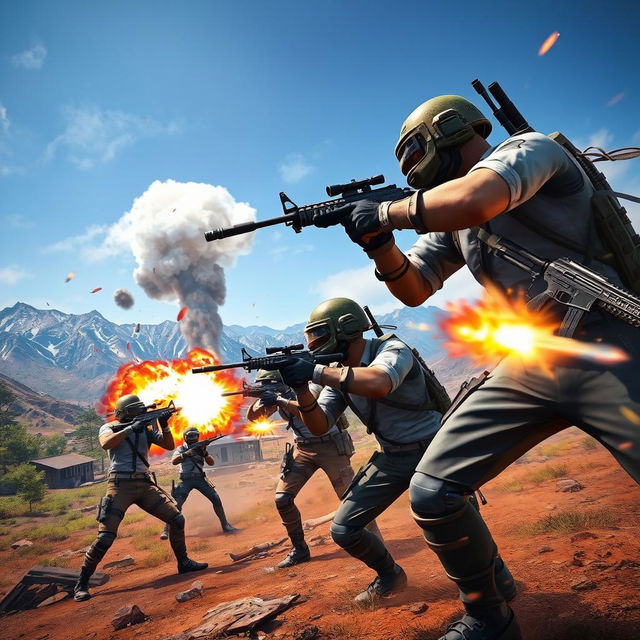 A thrilling, action-packed scene from the popular game PUBG, featuring diverse characters in tactical outfits, fully equipped with weapons, engaging in an intense firefight on a vibrant battleground