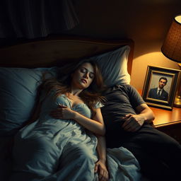 A dramatic scene depicting a woman in a cozy bedroom setting, appearing to sleep peacefully next to another man, creating a sense of tension and emotional complexity