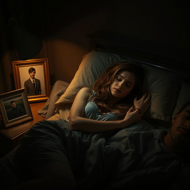 A dramatic scene depicting a woman in a cozy bedroom setting, appearing to sleep peacefully next to another man, creating a sense of tension and emotional complexity