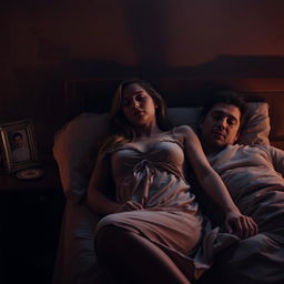 A dramatic scene depicting a woman in a cozy bedroom setting, appearing to sleep peacefully next to another man, creating a sense of tension and emotional complexity